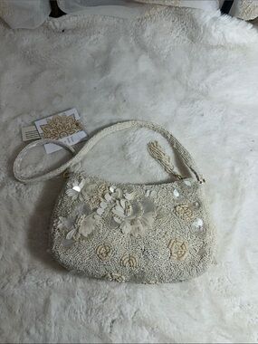 From India to you cream floral beaded shoulder bag